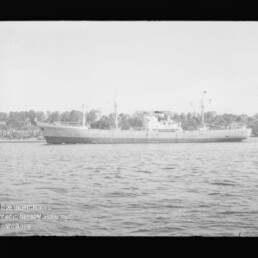 Frachtschiff in ruhiger See vor Küstenlinie; Wasserzeichen: Internationales Maritimes Museum Hamburg