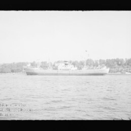 Großes Frachtschiff in Seitansicht auf ruhiger See vor bewaldeter Küste mit Häusern; Museumsstempel unten links.