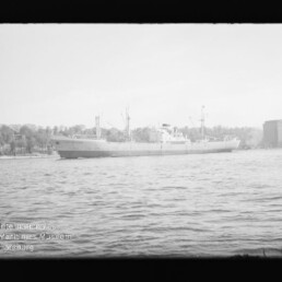 Schwarzweißfoto eines Frachtschiffs vor dem Ufer, Wasser im Vordergrund und Bäume sowie Gebäude im Hintergrund.