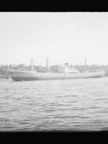 Schwarzweißfoto eines Frachtschiffs vor dem Ufer, Wasser im Vordergrund und Bäume sowie Gebäude im Hintergrund.