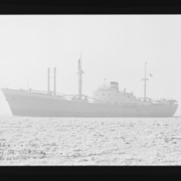 Frachtschiff mit sichtbaren Ladekränen auf nebliger, kontrastarmer See, Filmrahmen und Museumswasserzeichen am Rand sichtbar.