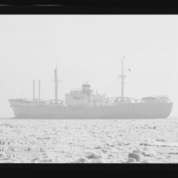 Großes Frachtschiff als verschwommene Silhouette auf ruhiger See, im Vordergrund treibende Eisschollen