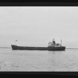 Frachtschiff seitlich auf ruhiger See, weiter Horizont; Wasserzeichen 