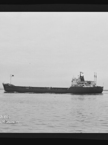 Frachtschiff seitlich auf ruhiger See, weiter Horizont; Wasserzeichen 
