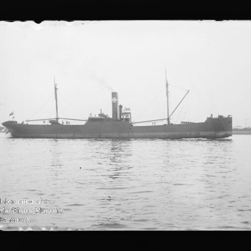 Seitliche Ansicht eines Dampffrachters mit Schornstein und zwei Masten auf ruhiger See; Wasserzeichen: Maritimes Museum Hamburg