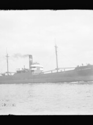 Schwarzweißfoto eines Dampffrachters mit Schornstein und Masten, fahrend auf ruhiger See.