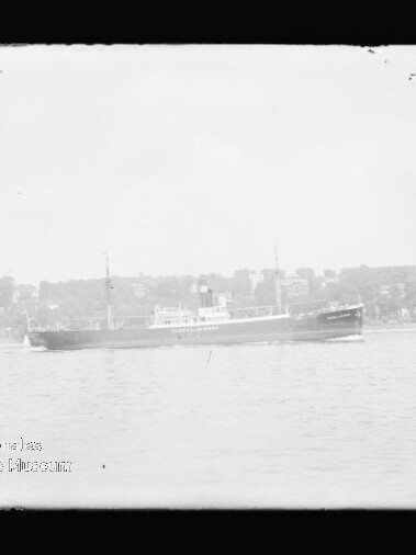 Langes Passagier-/Frachtschiff auf ruhigem Wasser vor einer von Bäumen gesäumten Küste, verblasstes Schwarzweißbild mit dunklem Rahmen.