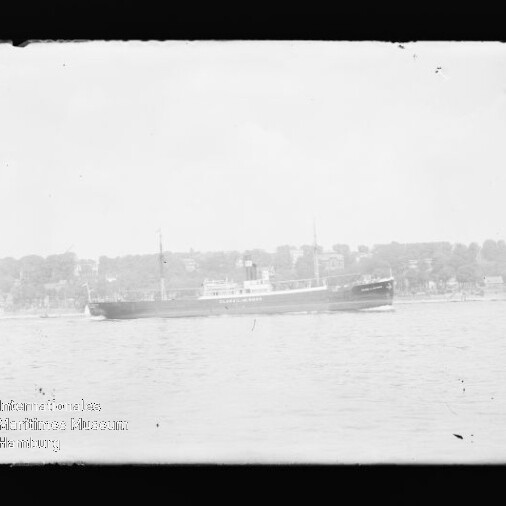 Langes Passagier-/Frachtschiff auf ruhigem Wasser vor einer von Bäumen gesäumten Küste, verblasstes Schwarzweißbild mit dunklem Rahmen.