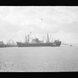 Großes Frachtschiff im Hafen, Hafenkräne im Hintergrund und ruhige Wasserfläche im Vordergrund.