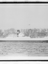 Seitenansicht eines Frachtschiffs mit mehreren Ladekränen, Schornstein mit Schriftzug und Ufer mit Häusern im Hintergrund.