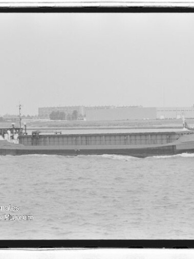 Schwarzweiß-Frachtschiff fährt auf ruhiger See vor flachem Industrie- und Stadthorizont mit ersichtlichem Museumswasserzeichen.