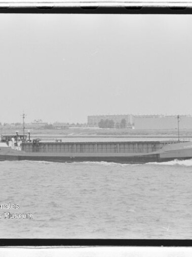 Langgestrecktes Frachtschiff mit niedrigem Aufbau fährt auf ruhigem Wasser vor einem Industriehafen im Hintergrund.