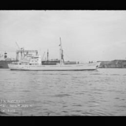 Weißes Frachtschiff mit Mast und Aufbau fährt vor einem Industriehafen mit Kränen, Wellen im Vordergrund.