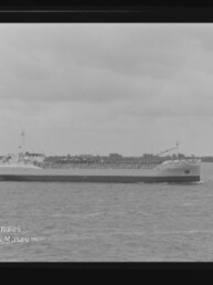 Langes Frachtschiff fährt auf ruhiger See vor flacher Küste unter bewölktem Himmel; Museumslogo unten links.