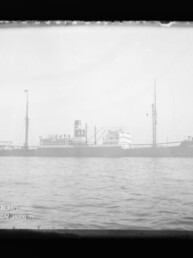 Frachtdampfer in Seitenansicht mit Schornstein und zwei Masten auf ruhiger See; Logo Internationales Maritimes Museum Hamburg links unten.