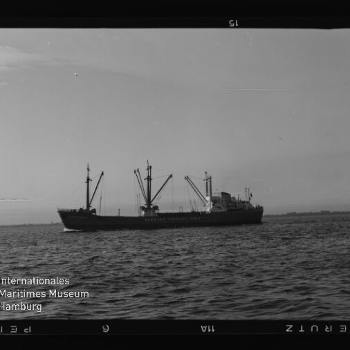 Graustufenfoto eines Frachtschiffs mit mehreren Ladekränen auf ruhiger See und flacher Küstenlinie am Horizont.