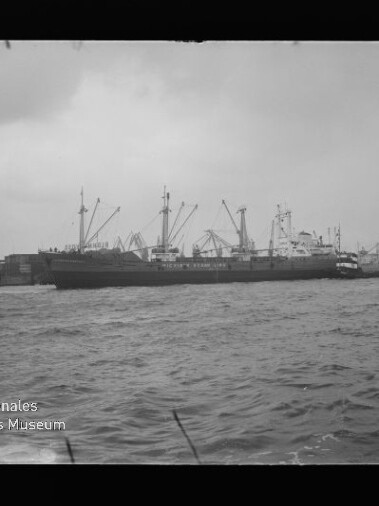 Großes Frachtschiff im Hafen vor einer Pier mit Ladekränen, begleitet von einem Schlepper auf welliger See.