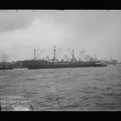 Großes Frachtschiff im Hafen vor einer Pier mit Ladekränen, begleitet von einem Schlepper auf welliger See.