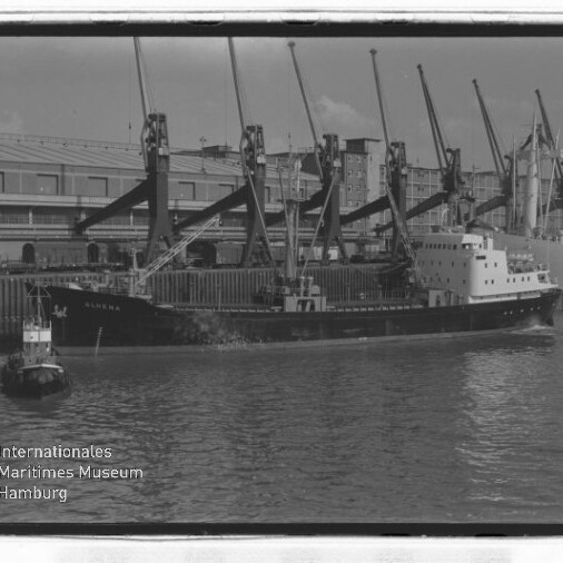 Frachtschiff am Hafenkai mit mehreren hohen Verladekränen und einem kleinen Schlepper im Vordergrund.