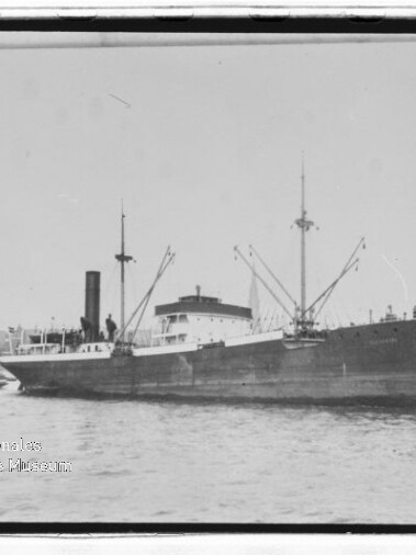 Dampffrachtschiff mit hohem Schornstein und Ladekränen, begleitet von einem Schlepper vor Küste.
