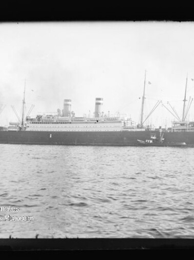 Großes Passagierdampfschiff mit zwei Schornsteinen und Ladekränen auf ruhigem Wasser, Wasserzeichen des Maritimen Museums.
