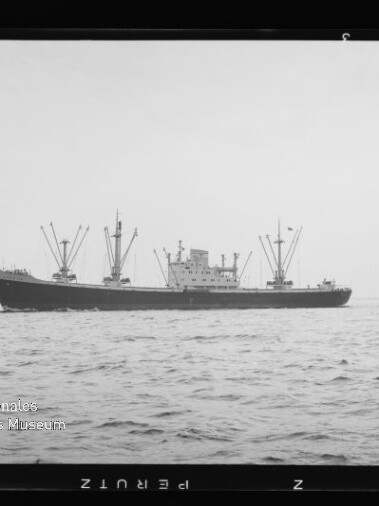 Frachtschiff mit mehreren Ladekränen auf ruhiger See, Museumssignet Internationales Maritimes Museum Hamburg unten links