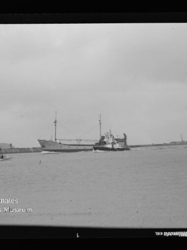 Frachtschiff mit Schlepper auf ruhigem Hafenwasser, links Ufer mit Kran und Bäumen; Schriftzug Internationales Maritimes Museum Hamburg sichtbar.