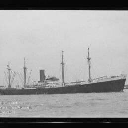 Schwarz-weißes Frachtschiff mit mehreren Masten, Ladebäumen und mittigem Schornstein auf ruhiger See; Wasserzeichen 