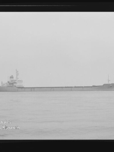 Langes Frachtschiff in Seitenansicht auf ruhiger See, niedrige Ladefläche, Brücke hinten, sichtbarer schwarzer Filmrand.