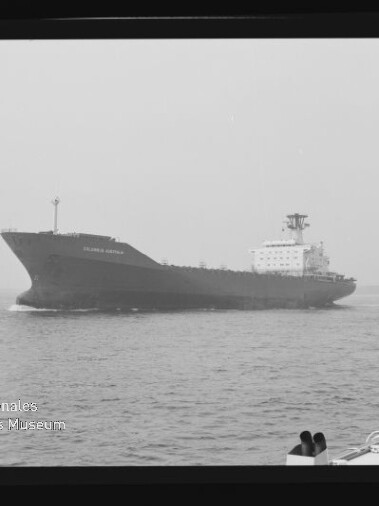Schwarzweißaufnahme eines großen Frachtschiffs, das in ruhiger See von links nach rechts fährt; rechts im Vordergrund ein Teil eines kleinen Bootes, links unten das Logo des Internationalen Maritimen Museums und am Bildrand der Filmstreifen mit der Aufschrift AGFA PAN 100.
