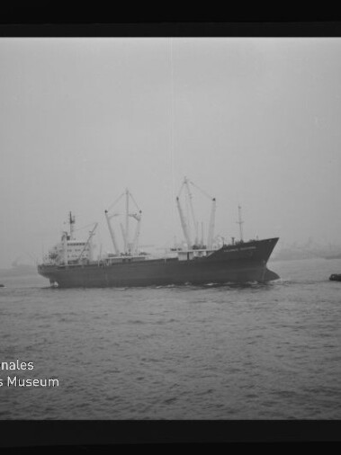 Schwarzweißaufnahme eines Frachtschiffs mit mehreren Deckkränen, das bei trübem, diesigem Wetter in einen Hafen einläuft; links unten das Logo des Internationalen Maritimen Museums Hamburg und der schwarze Filmrand sichtbar.