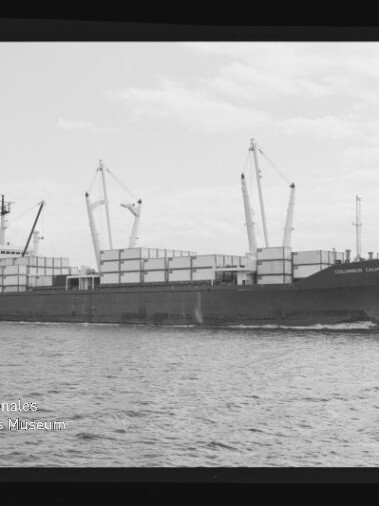 Frachtschiff mit aufgestapelten Containerreihen und mehreren Ladekränen fährt auf ruhigem Meer unter leicht bewölktem Himmel; unten links sichtbar das Logo des Internationalen Maritimen Museums Hamburg.