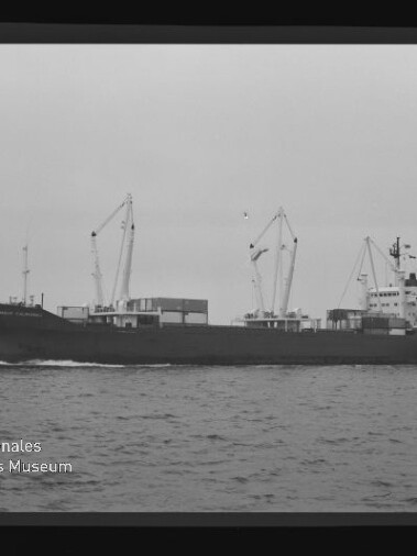 Schwarzweißaufnahme eines Frachtschiffs mit mehreren Deckskränen und auf dem Deck gestapelten Containern, das auf ruhiger See fährt; links unten sichtbar das Wasserzeichen des Internationalen Maritimen Museums Hamburg.