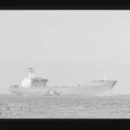 Schwarzweißaufnahme eines großen Frachtschiffs auf ruhiger See, begleitet von einem kleinen Schlepper links davor, mit sichtbarem Filmrand und Wasserzeichen des Internationalen Maritimen Museums Hamburg in der linken unteren Ecke.