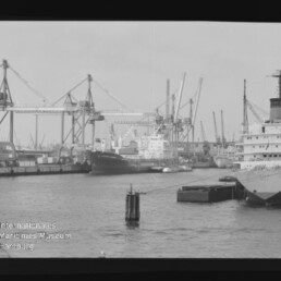 Schwarzweißaufnahme eines Industriehafens mit mehreren Frachtschiffen am Kai, zahlreichen Hafenkränen im Hintergrund, einem Dalben und einer kleinen Anlegestelle im Vordergrund sowie dem Logo des Internationalen Maritimen Museums Hamburg und sichtbarem Filmrand.