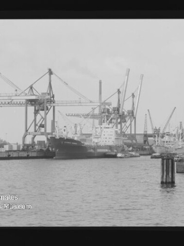 Schwarzweißaufnahme eines Industriehafens mit zahlreichen großen Hafenkränen und anliegenden Frachtschiffen, im Vordergrund Wasser, Poller und Holzpfähle, unten links sichtbares Museumswasserzeichen.