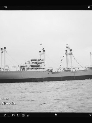 Schwarzweiß-Fotografie eines mittelgroßen Frachtschiffs mit mehreren Ladekränen und einer Girlande aus Signalflaggen, das auf ruhiger See vor einer flachen Küstenlinie fährt; Filmrand und Museumswasserzeichen sichtbar.
