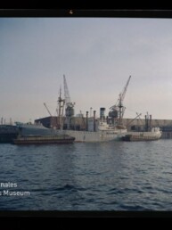 Großes graues Schiff liegt am Kai eines Industriehafens, flankiert von zwei Schleppern und mehreren Kranauslegern, ruhiges Hafenwasser im Vordergrund und ein Museum-Logo mit Schriftzug unten links