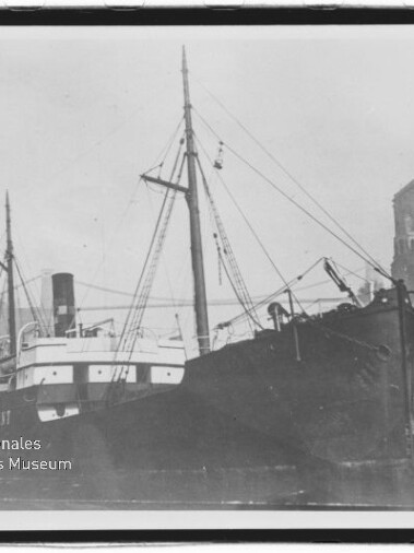 Schwarzweiß-Aufnahme eines im Hafen angelegten Dampfschiffs mit Schornstein, Masten und Ladegeschirr, rechts Kai mit Personen und Gebäuden auf einer Anhöhe; unten links sichtbar das Logo des Internationalen Maritimen Museums Hamburg.