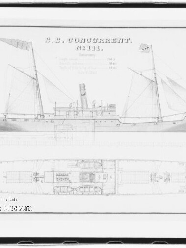 Schwarz-weiße technische Zeichnung eines Dampfschiffs in Seitenansicht oben und Decksplan unten, mit zwei Masten, zentralem Schornstein, Takelage, dekorativem Rahmen und Archivstempel unten links.