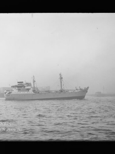 Schwarz-weiß-Aufnahme eines weißen Frachtschiffs mit Aufbauten mittschiffs und Ladebäumen, das bei diesigem Wetter auf ruhigem Wasser vor einer kaum sichtbaren Industriehafen-Kulisse fährt; unten links ein Wasserzeichen des Internationalen Maritimen Museums Hamburg.