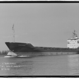 Schwarzweiß-Foto eines Frachtschiffs mit dem Namen CONCORDIA in Seitenansicht auf ruhigem Wasser, mit mehrstöckigem Brückenhaus am Heck und Museumslogo unten links (Internationales Maritimes Museum Hamburg).