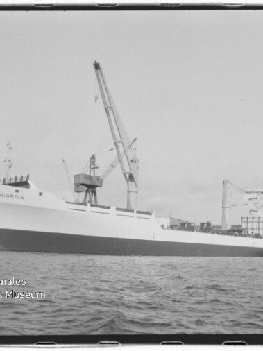 Schwarzweiß-Foto eines Frachtschiffs mit dem Namen CONCORDIA, das an einem Hafenpier liegt, umgeben von großen Hafenkränen und ruhiger Wasseroberfläche; im unteren linken Bildbereich das Logo und der Schriftzug des Internationalen Maritimen Museums Hamburg.