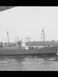 Weißes Motor- bzw. Ausflugsschiff mit mehreren Masten und Flaggen fährt auf ruhigem Hafenwasser, im Hintergrund Hafenkräne und Hallen, unten links Wasserzeichen des Internationalen Maritimen Museums Hamburg.