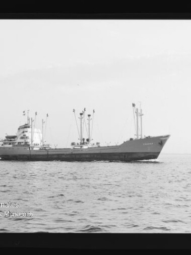Schwarzweiß-Foto eines Frachtschiffs mit mehreren Ladekränen und Aufbauten, seitlich auf ruhiger See fahrend; Bildrand zeigt Filmstreifenmarkierungen und ein Wasserzeichen des Internationalen Maritimen Museums Hamburg.