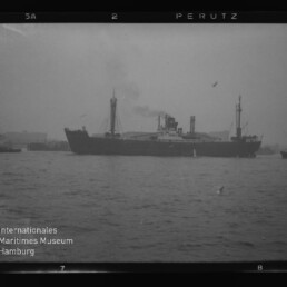 Schwarzweißaufnahme eines großen Dampffrachtschiffs als dunkle Silhouette mittig im Hafen, vor nebliger Hafenanlage mit Schleppern und Möwen, Wasserzeichen des Internationalen Maritimen Museums Hamburg unten links.