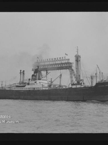Schwarzweißaufnahme eines Frachtschiffs, das auf dem Wasser an einer Werft mit großen Auslegerkränen und dem Schriftzug „Stülckenwerft“ vorbeifährt; unten links ist ein Museumswasserzeichen zu sehen und der Filmrand bleibt erkennbar.
