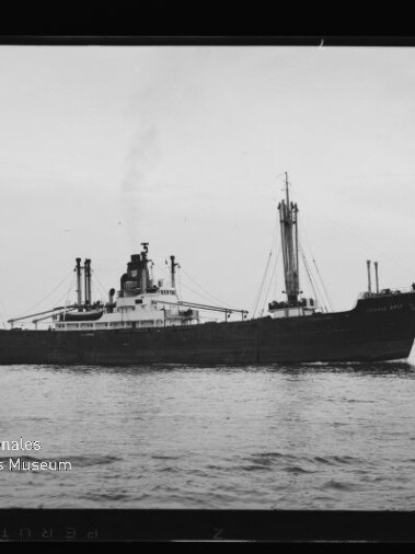 Schwarzweiß-Fotografie eines Frachtschiffs in Seitenansicht auf ruhiger See, mit dunklem Rumpf, mittiger Aufbauten und Schornstein sowie mehreren Ladekranen; unten links sichtbares Wasserzeichen des Internationalen Maritimen Museums Hamburg.