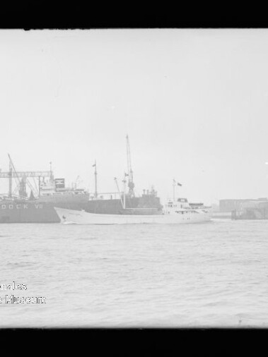 Schwarzweißaufnahme eines Hafens mit einem weißen Passagier- oder Dienstboot im Vordergrund vor einem großen, am Kai liegenden Frachtschiff mit der Aufschrift DOCK VII und mehreren Hafenkränen im Hintergrund.