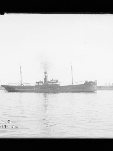 Auf dem Foto ein schlankes Dampfschiff mit einem rauchenden Schornstein und zwei Masten, das auf ruhigem Wasser vor einem flachen Küstenhorizont fährt; unten links ein Wasserzeichen des Internationalen Maritimen Museums Hamburg.